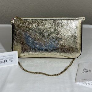 NWT Christian Louboutin LOUBILA Metallic Pouch Chain Clutch Bag Gold/Platine